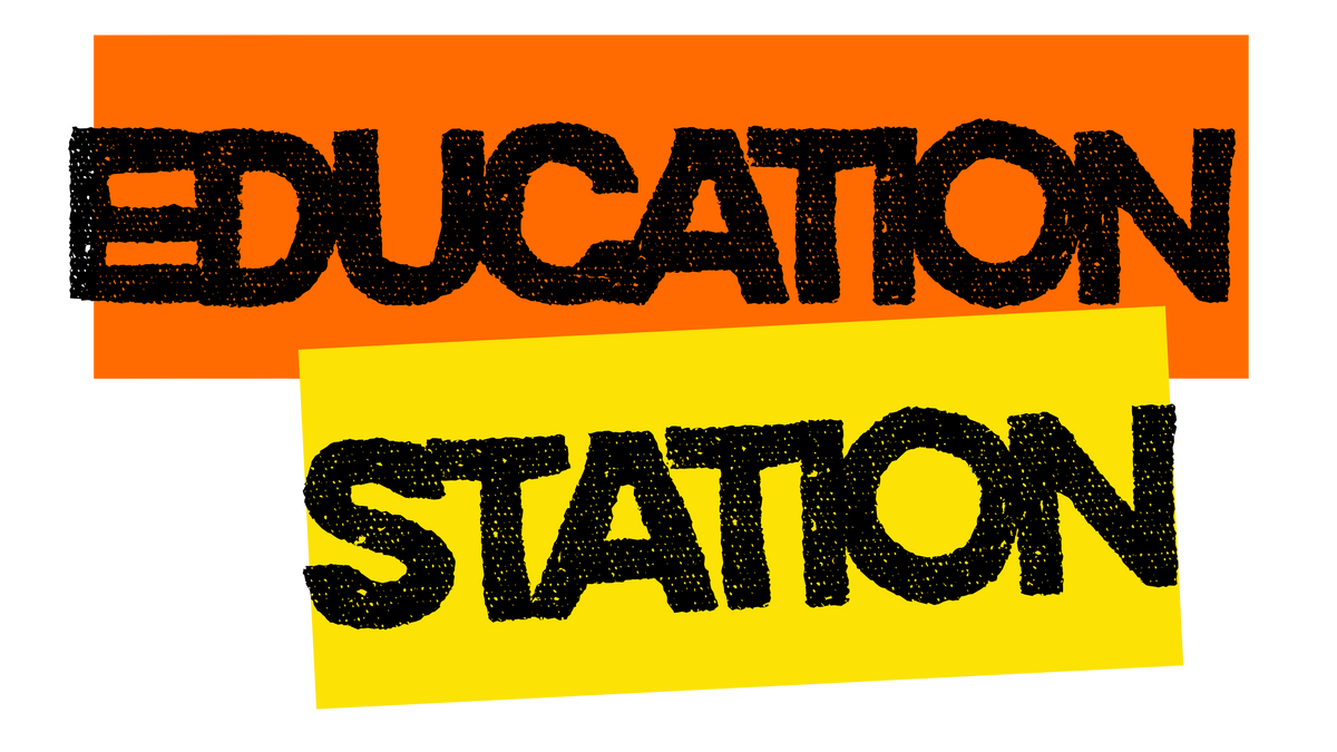 Text 'EDUCATION STATION' in black on orange and yellow stripes with a white background