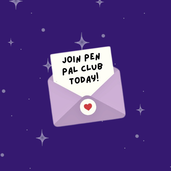 Purple envelope with a white card reading 'Join Pen Pal Club Today!' on a starry purple background
