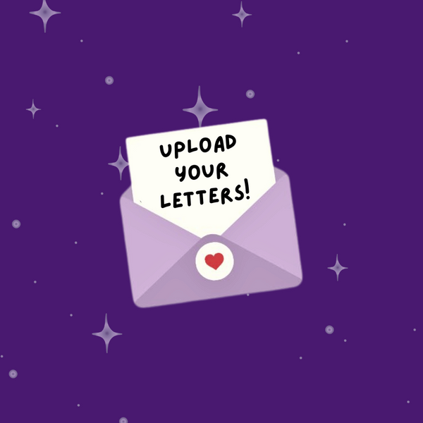 Purple envelope with a white card labeled 'Upload Your Letters!' on a purple starry background