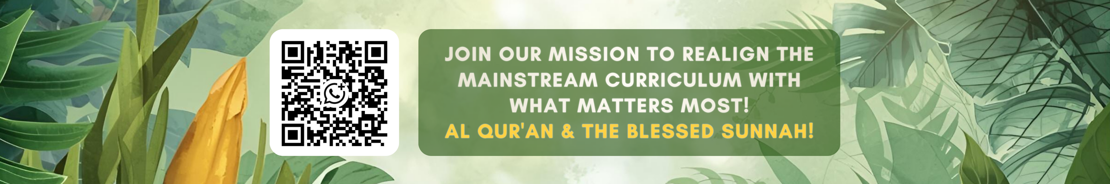 Promotional graphic with green leaves, QR code, and text about a curriculum launch on April 13, 2026.