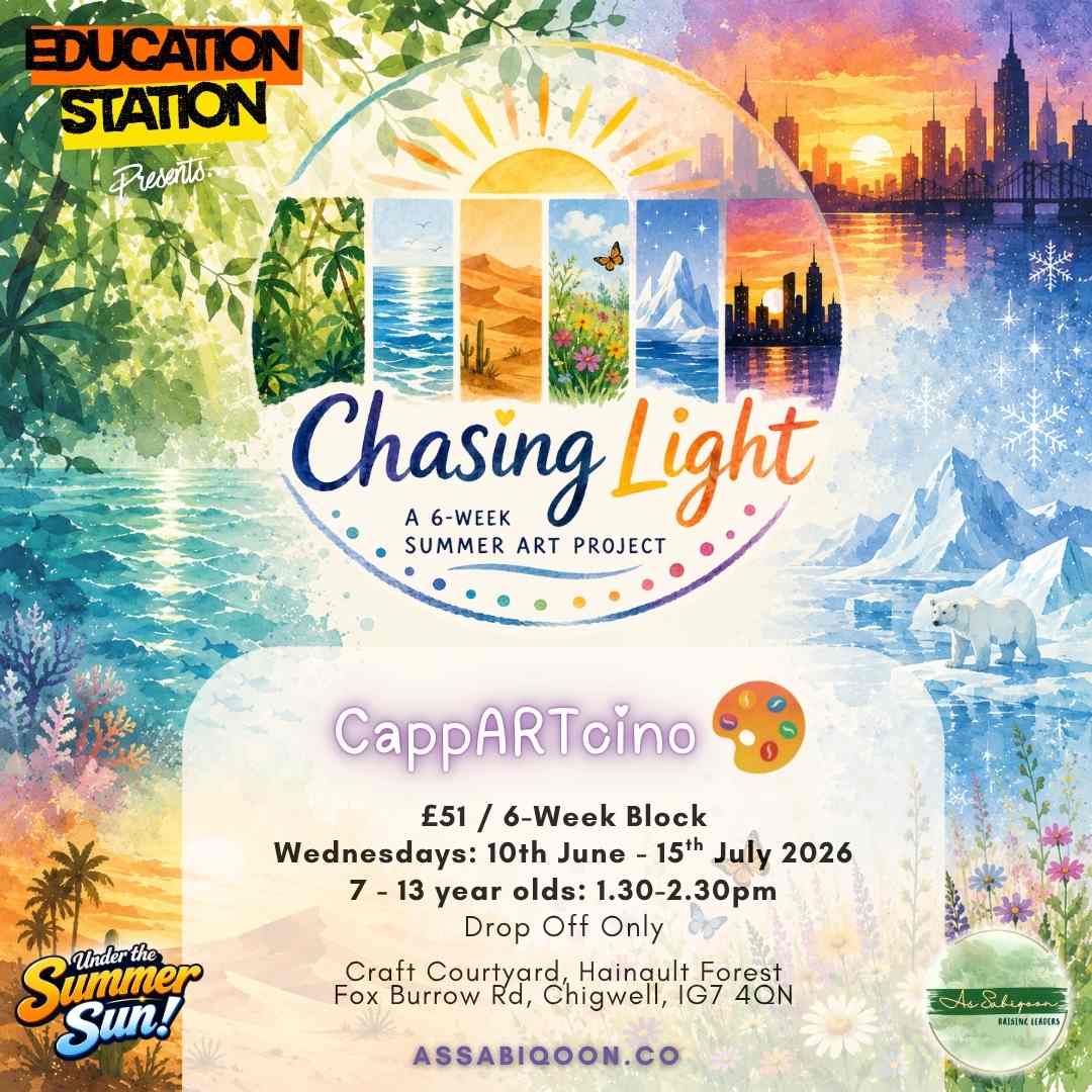 Promotional flyer for 'Chasing Light' summer art project with colorful illustrations of nature and cityscape.