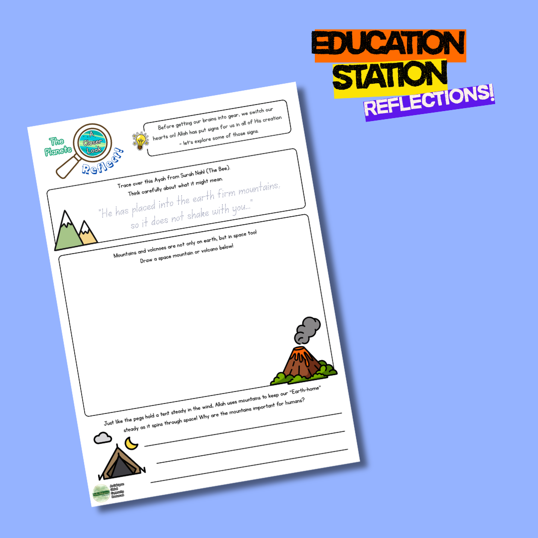 Educational worksheet with illustrations on a blue background, featuring 'Education Station Reflections' branding.