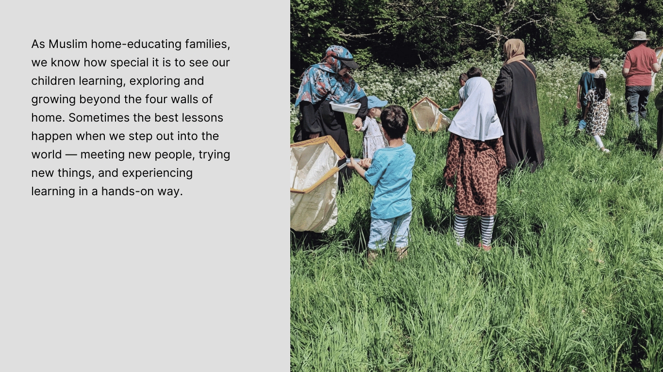 As Sabiqoon Community Home Educators CATCHING BUGS in a field with text about home-educated children learning outdoors.