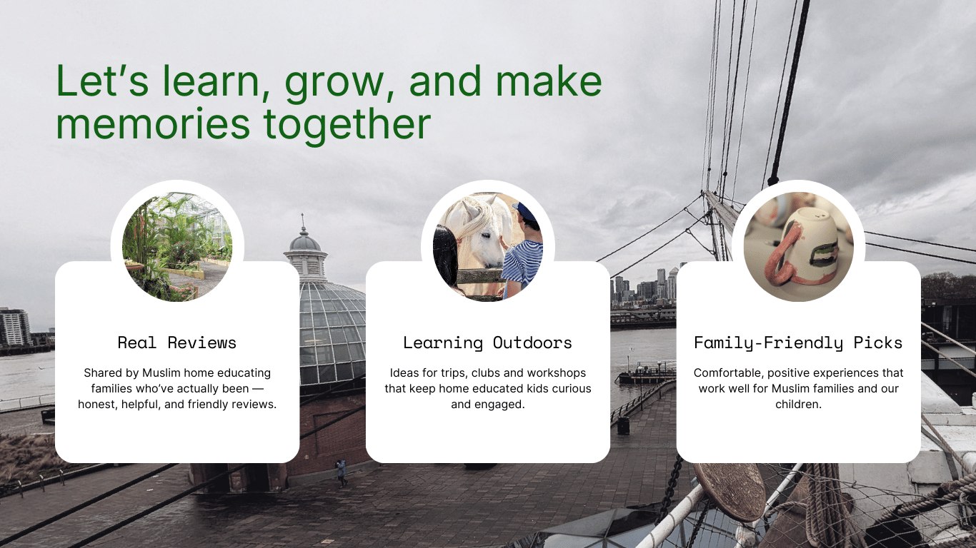 As Sabiqoon Community promotional graphic with text and images of people outdoors, promoting home learning and family activities.