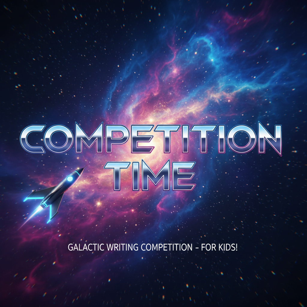 Space-themed promotional graphic with 'Competition Time' text and a spaceship, set against a cosmic background.
