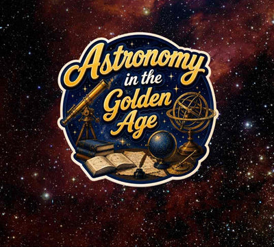 Logo for 'Astronomy in the Golden Age' with vintage telescope, globe, and books against a starry space background.