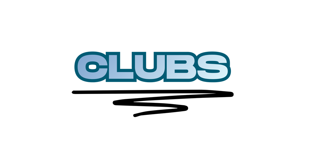 Logo with the word 'CLUBS' in blue on a white background