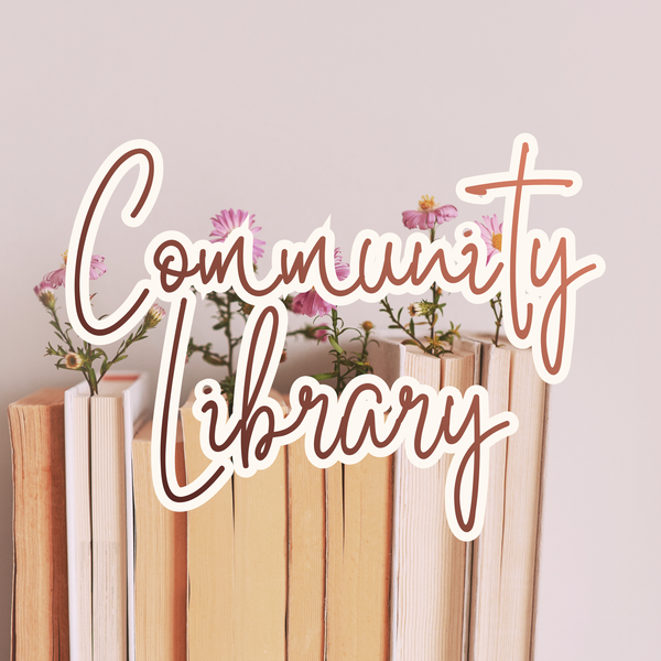 Stack of books with 'Community Library' text and floral elements on a light background