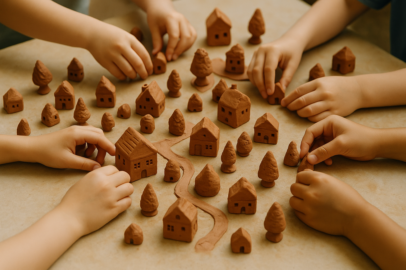 Children playing with small clay houses and trees on a table.