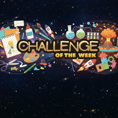 Decorative graphic with 'Challenge of the Week' text and various icons on a dark space background.