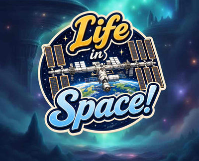 Logo for 'Life in Space!' with a space station and Earth in the background.