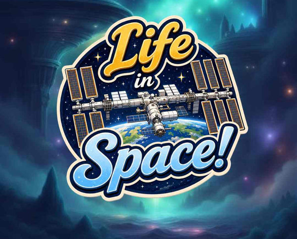 Logo for 'Life in Space!' with a space station and Earth in the background.