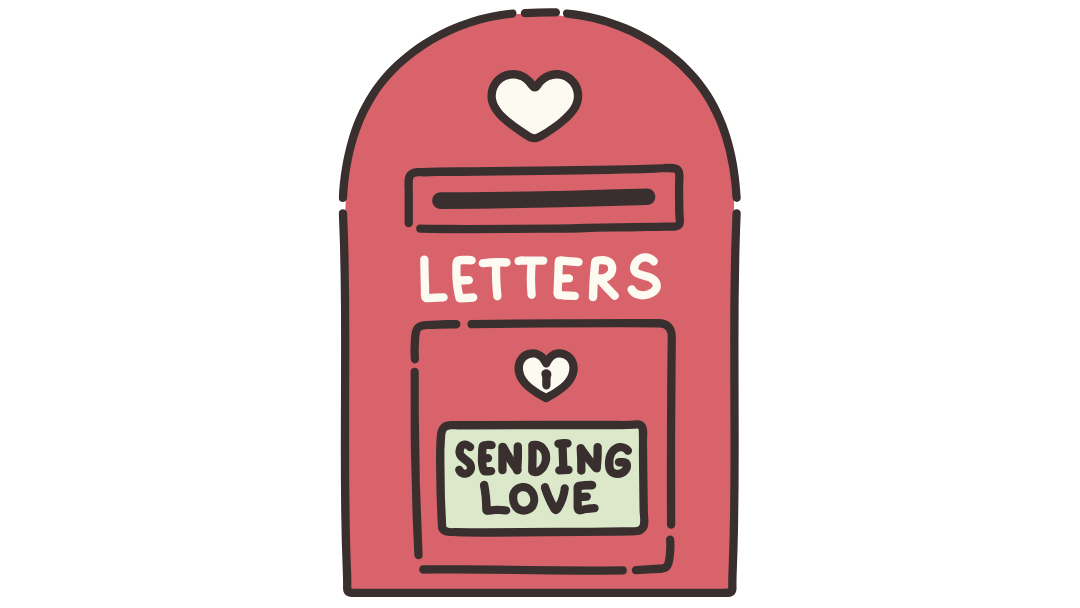 Illustration of a red mailbox with hearts and text on a white background