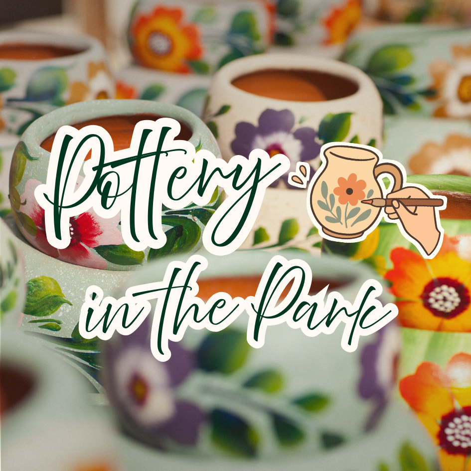 Colorful ceramic mugs with floral designs and text overlay 'Pottery in the Park'.