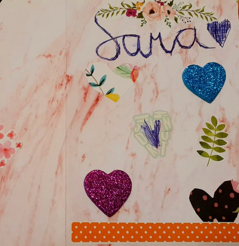 Decorative card with 'Sama' written, colorful hearts, and floral elements on a pink background.