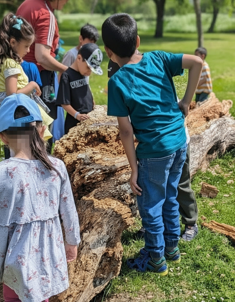 Children exploring a large tree stump in a park