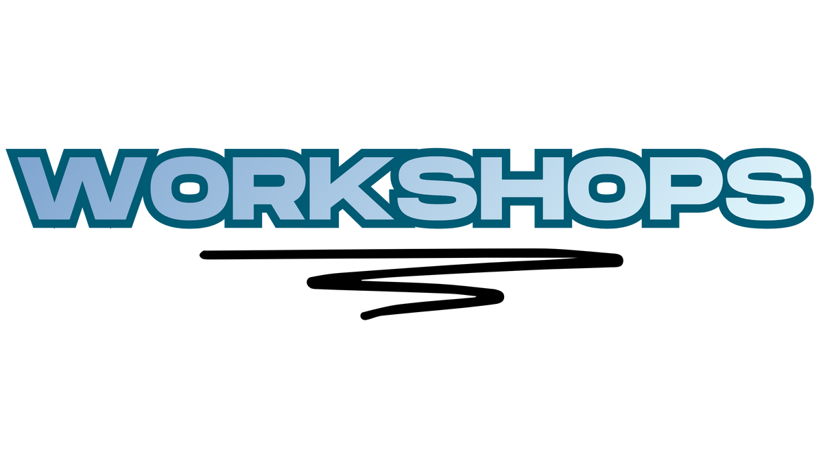 The word 'WORKSHOPS' in blue text on a white background
