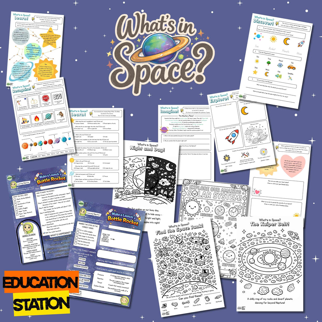 Educational materials on space with 'What's in Space?' branding and 'Education Station' logo.